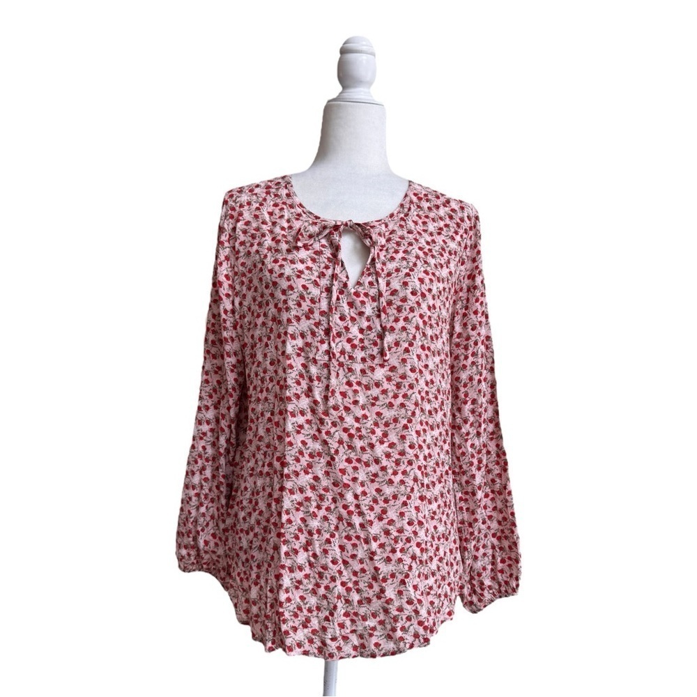 West K Pink Red Floral Long Sleeve Tie Neck Womens Size M Blouse Cottagecore